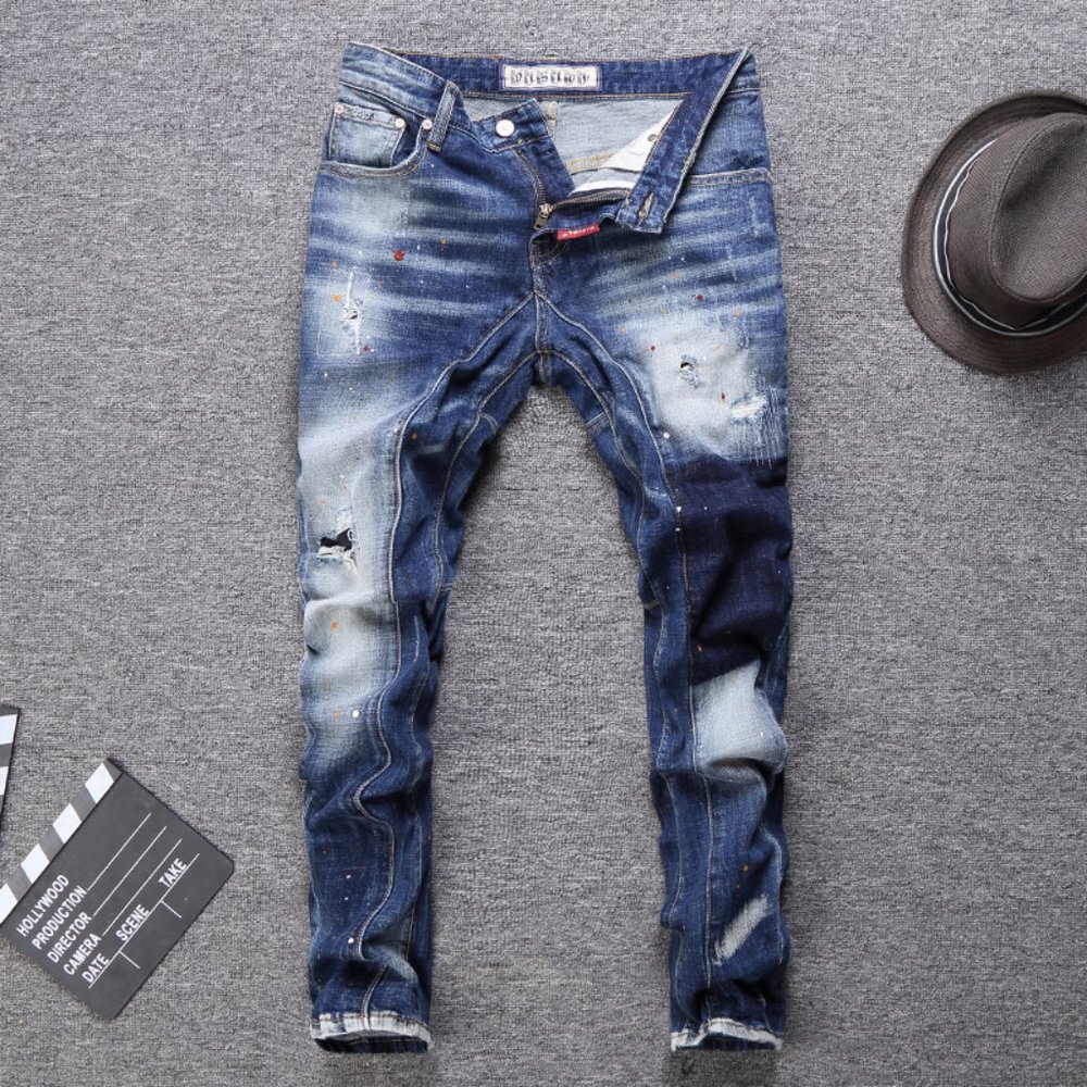 Italian Style Fashion Men Jeans Retro Blue Spliced